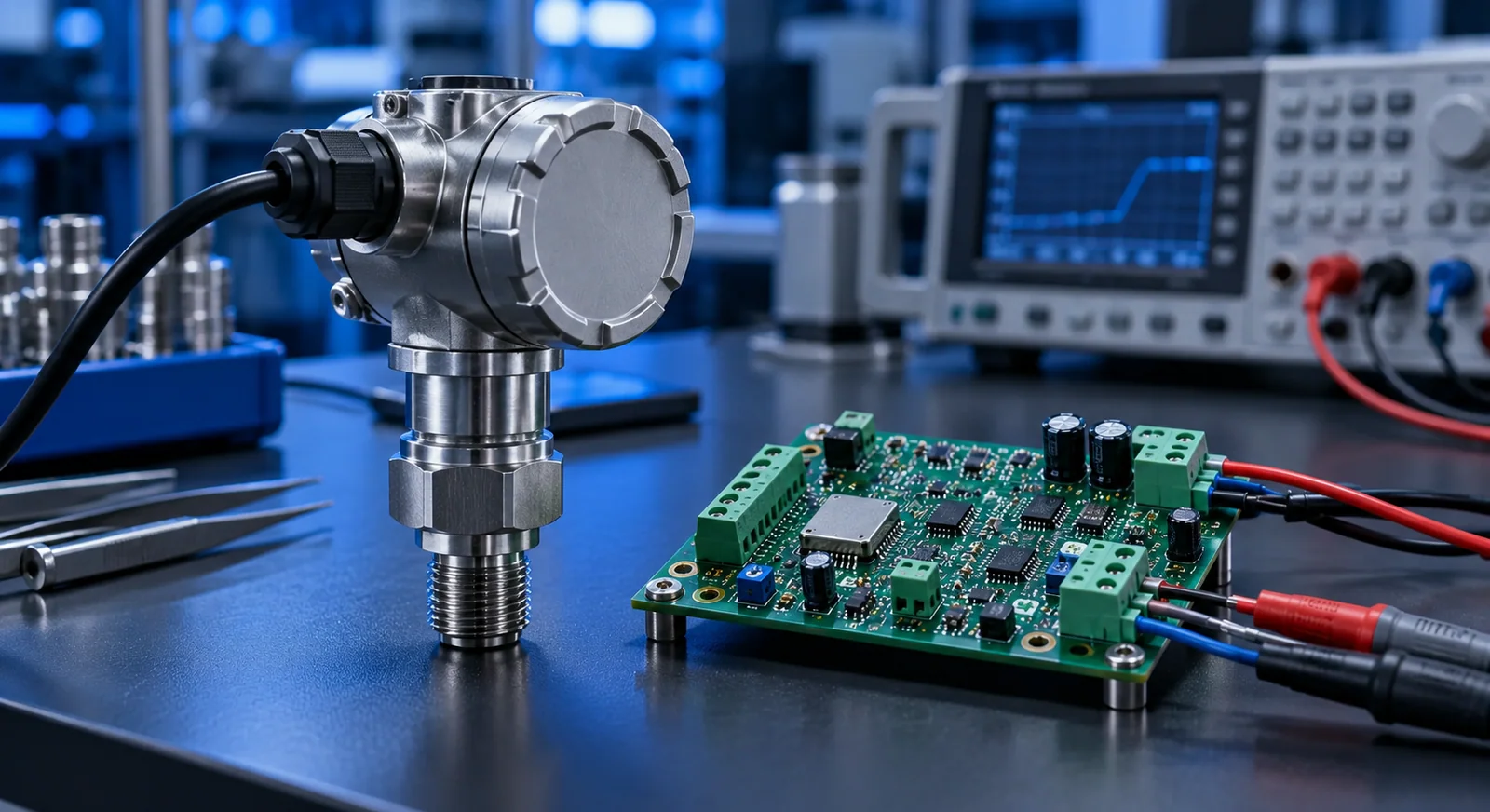 Pressure sensor, analog input board and test connections on an electronics measurement bench
