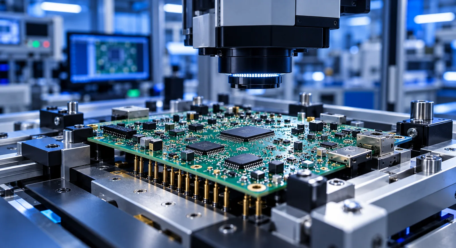 Circuit board in a test fixture beneath an optical inspection camera