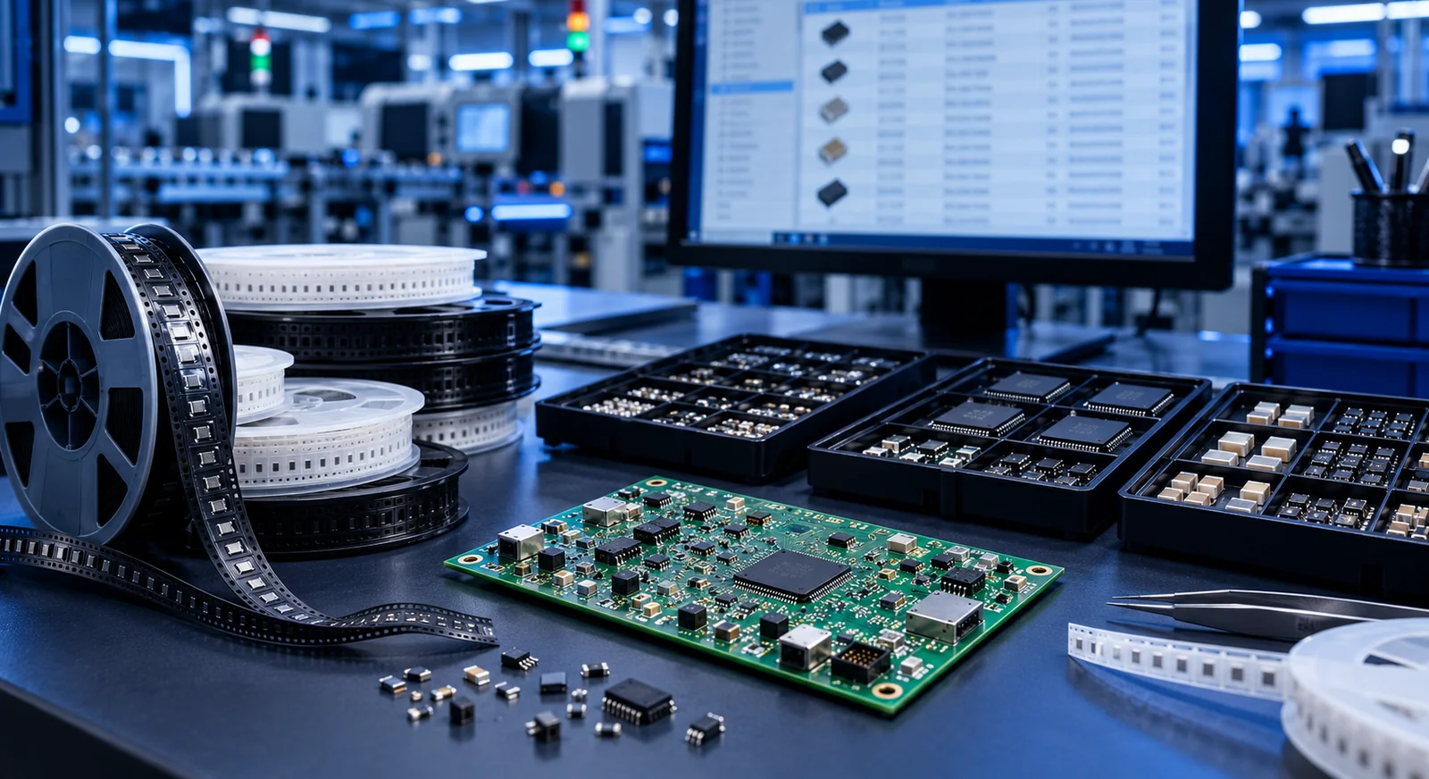 Organized sourcing workstation with component reels, parts trays and a PCB