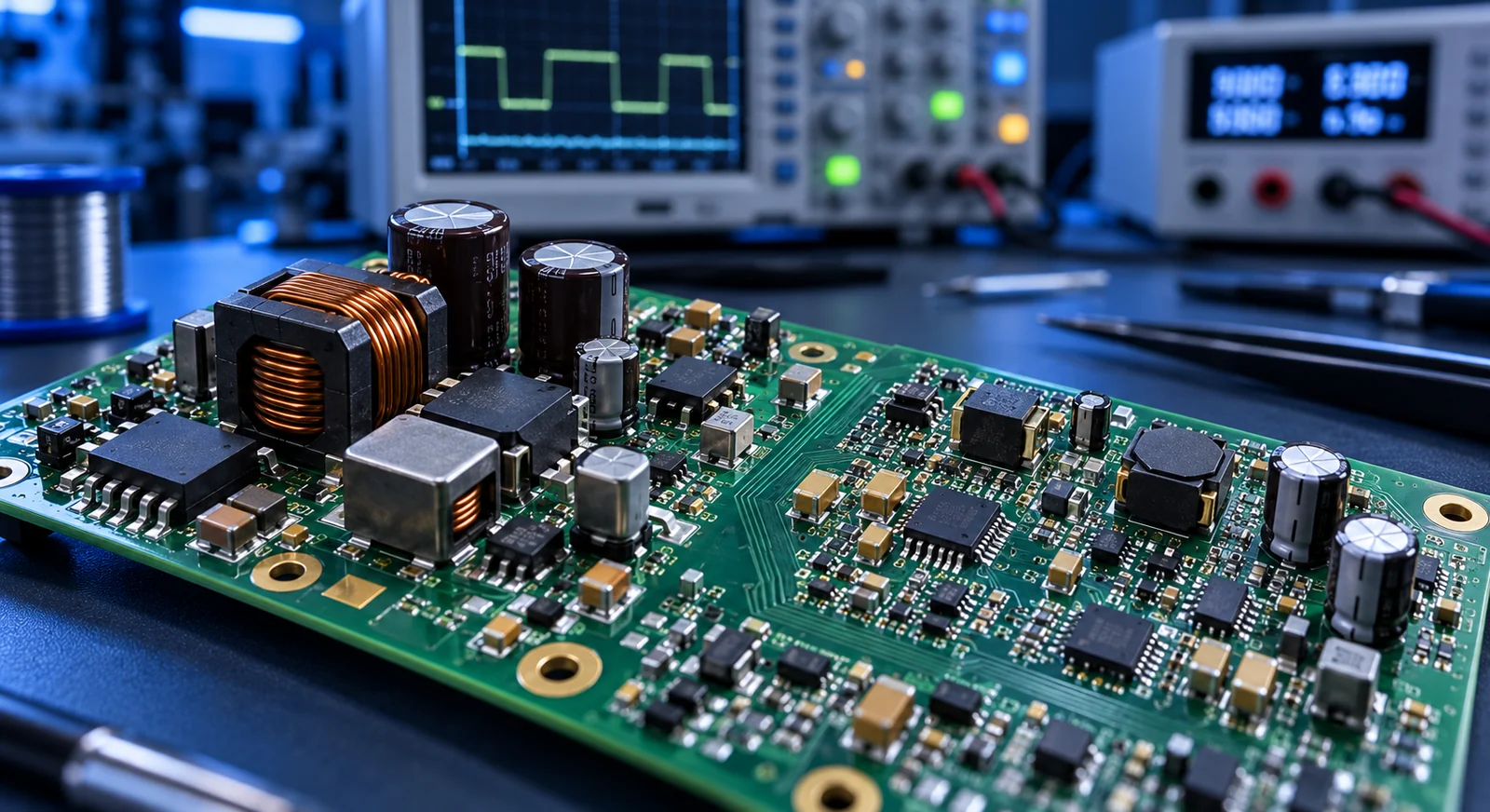 Bobin ve kondansatörler içeren güç devresinin elektronik laboratuvarında yakın görünümü