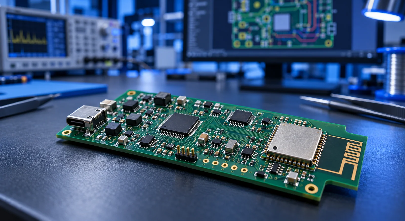 Custom green PCB with a shielded wireless microcontroller module and antenna area