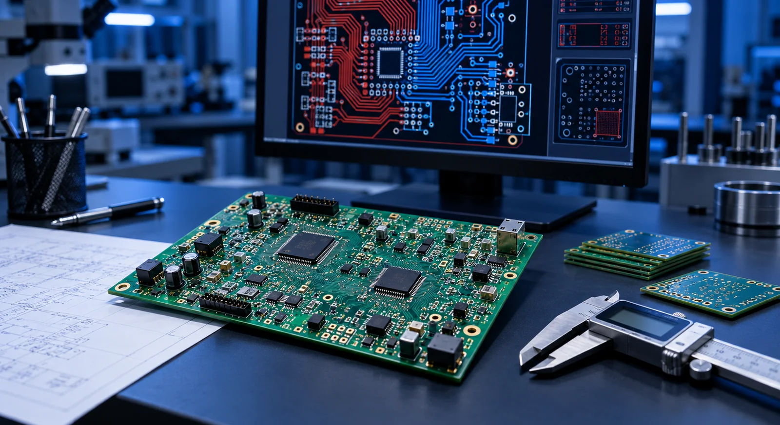 PCB and a manufacturing layer design screen on a blue-lit electronics workbench