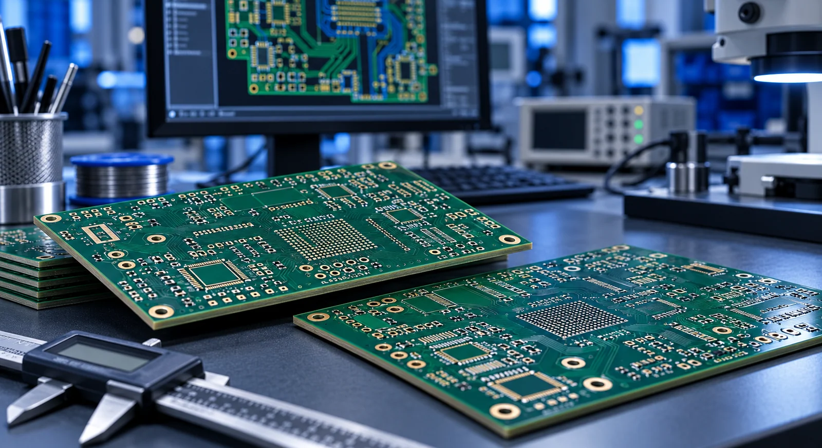 Bare PCB samples with different circuit patterns on a blue-lit manufacturing workbench