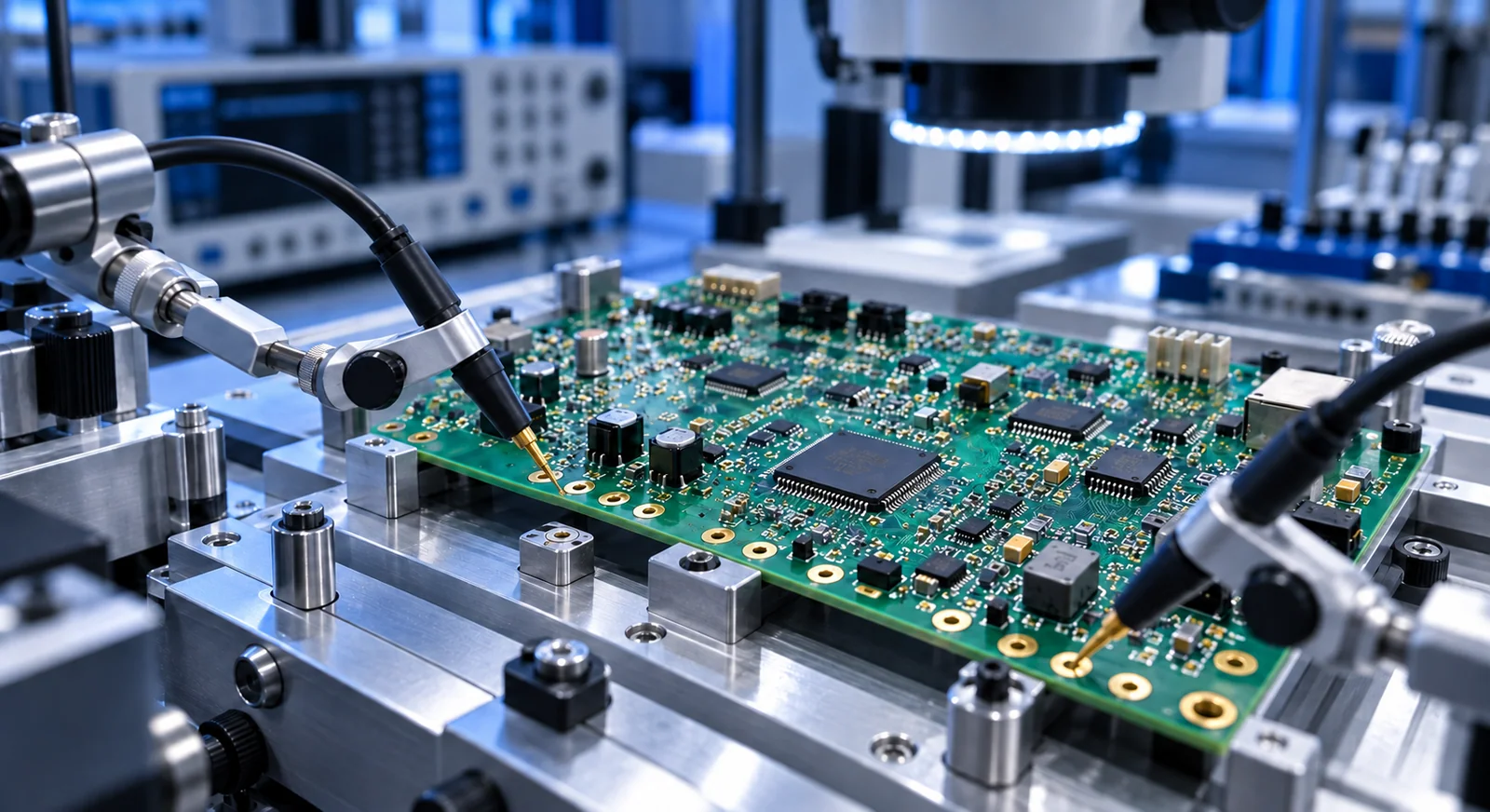 Test noktaları ve ölçüm probları bulunan yeşil PCB üzerinde üretim öncesi inceleme