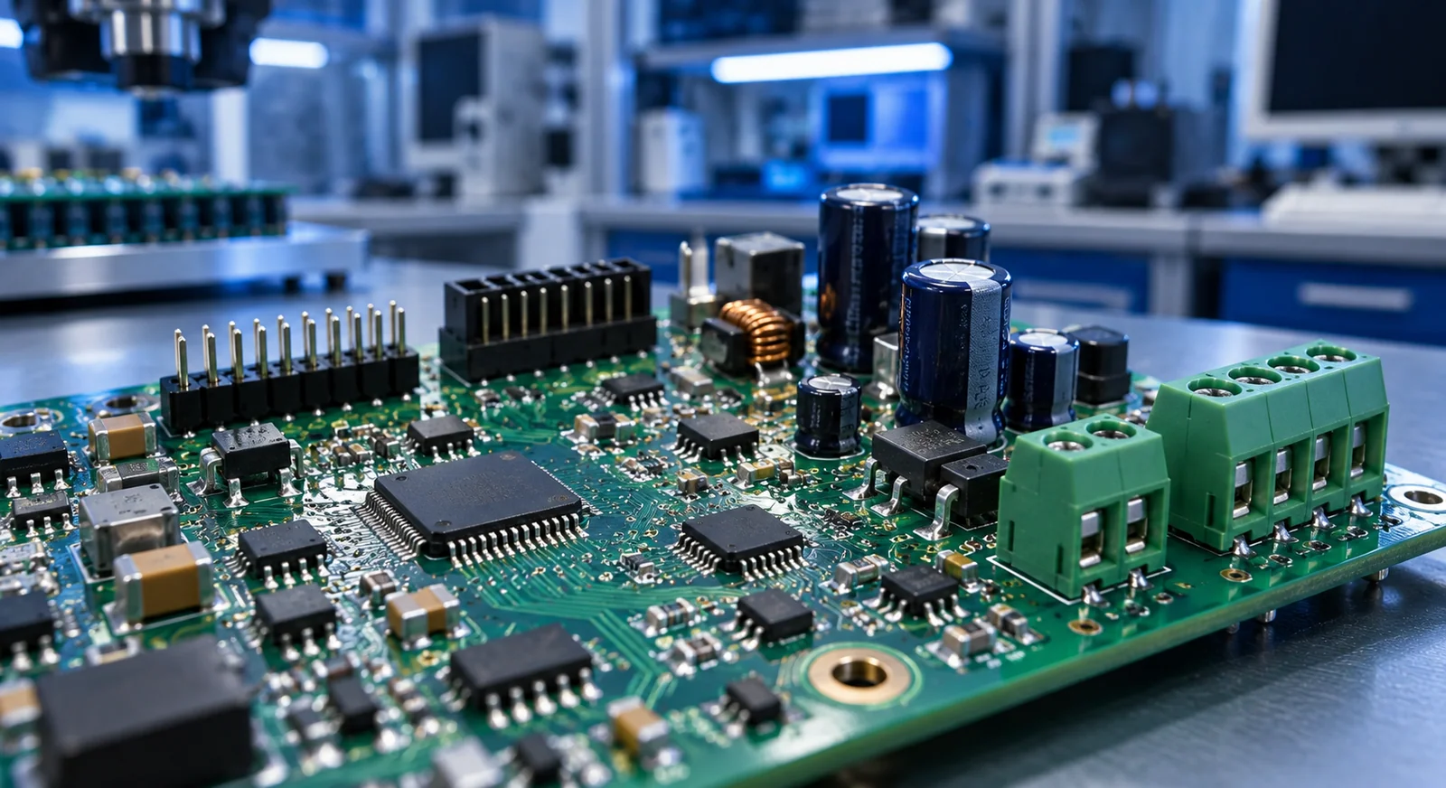 SMD bileşenler ve delik içi konnektörler içeren yeşil elektronik kartın yakın görünümü